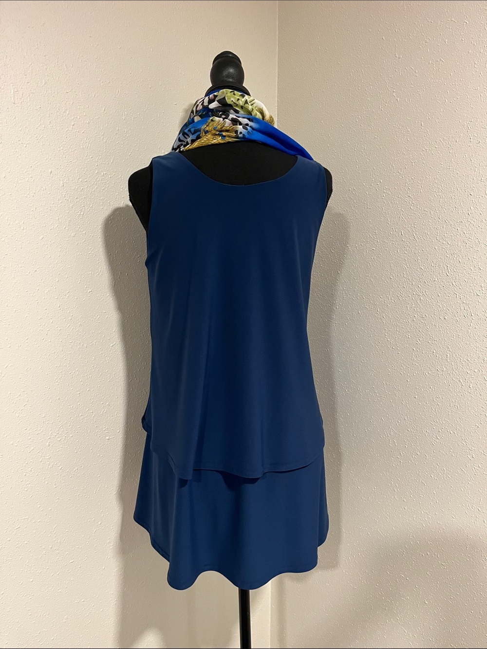 Sympli Royal Blue Layered Swing Top with Multicolor Silk Scarf - Picture 3 of 7